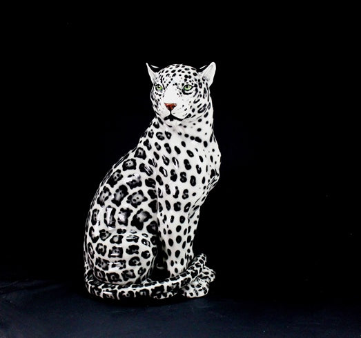 Black and white jaguar with closed mouth